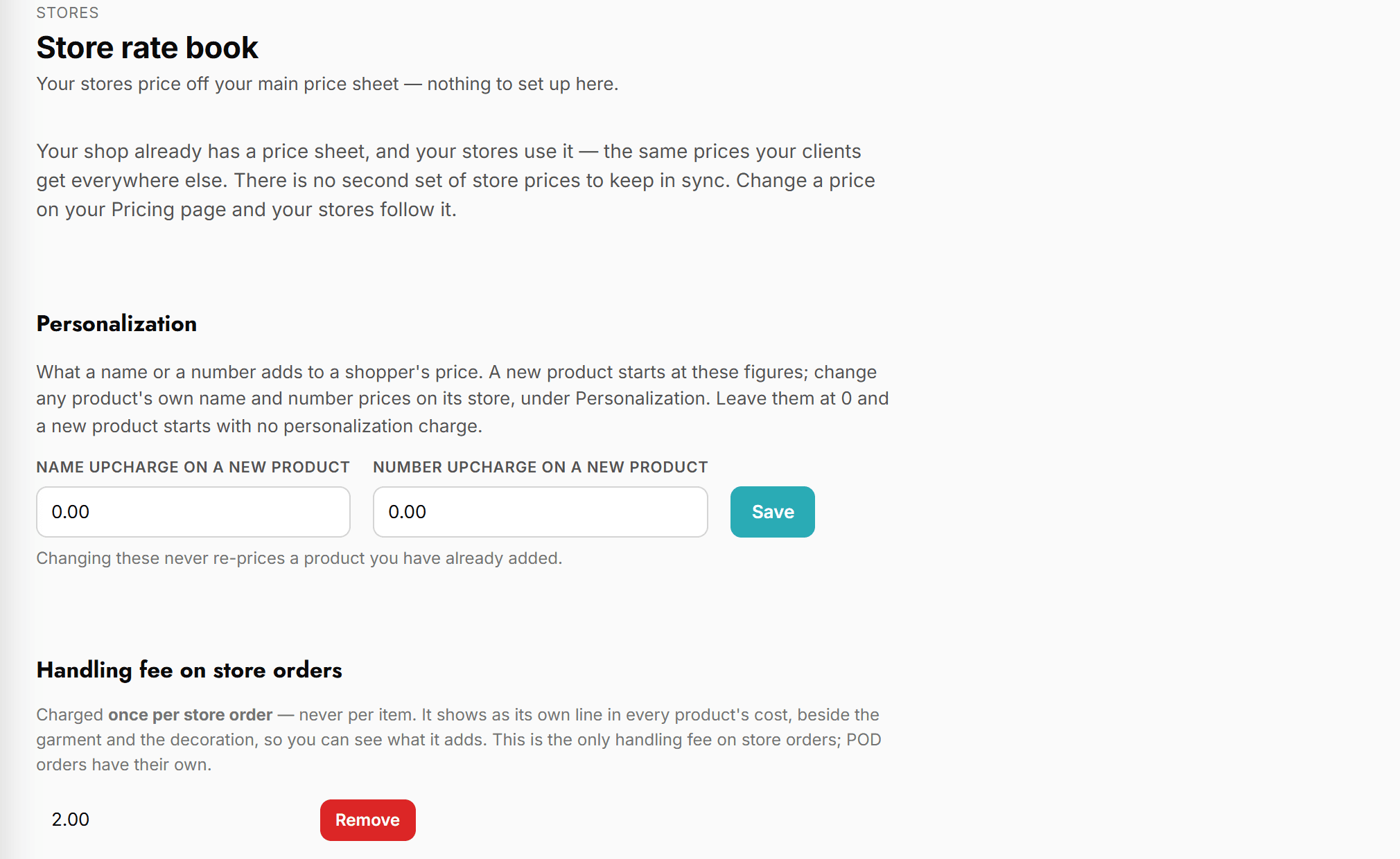 The rate book: garments and decoration with the price each store charges for them.